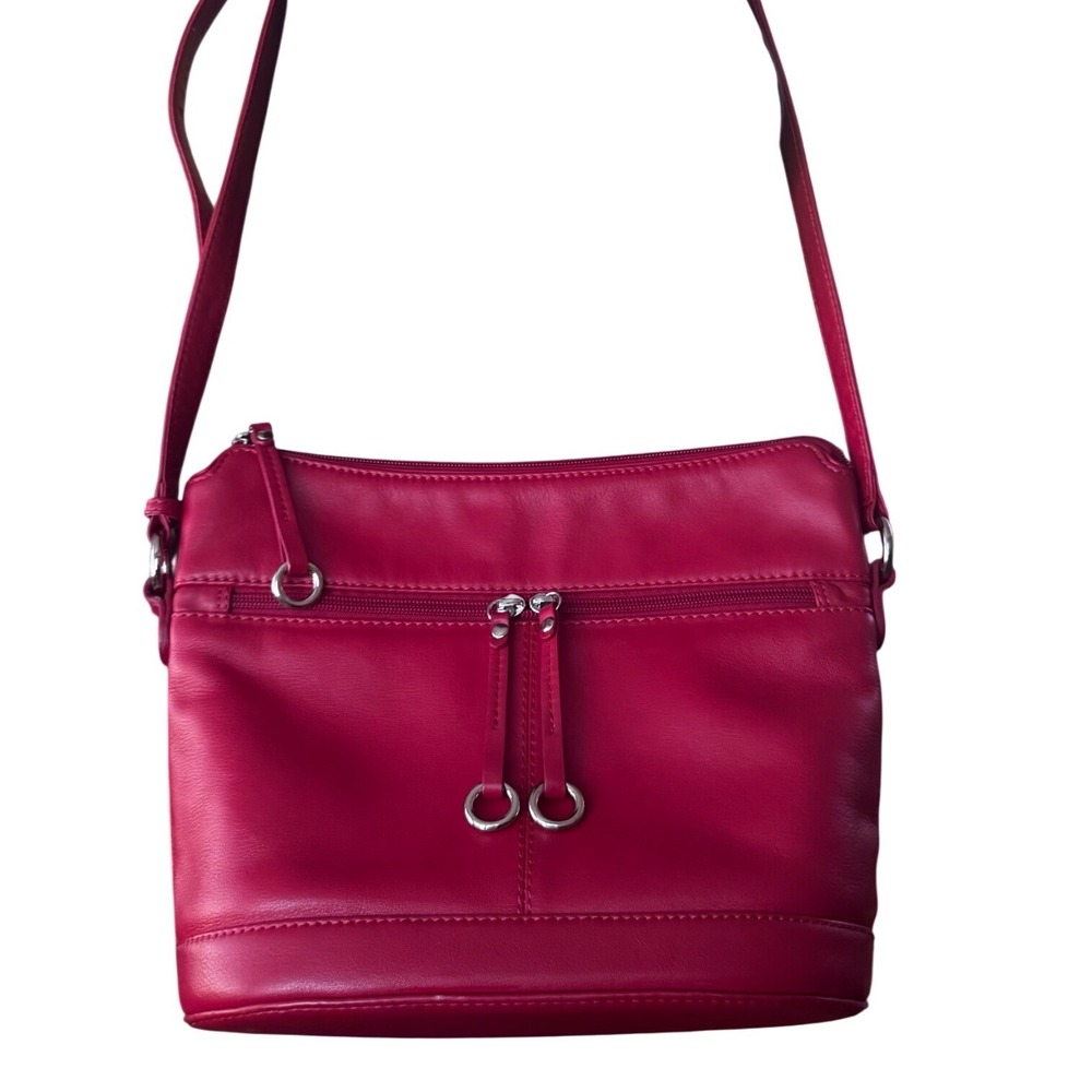 lli New York Red Genuine Leather Crossbody Zip side Pockets EUC 11x10x9x5"‎